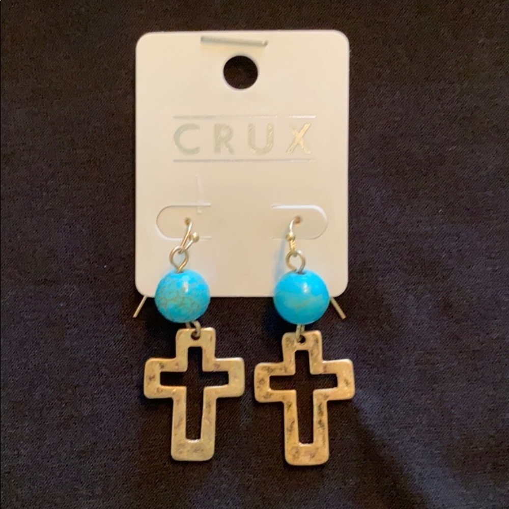 CRUX Western Turquoise & Gold Cross Dangle Earrings NWT